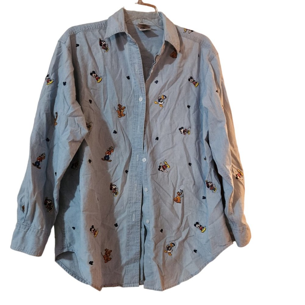 Disney Character Denim Long Sleeve Button Front Collared Shirt - Size L
